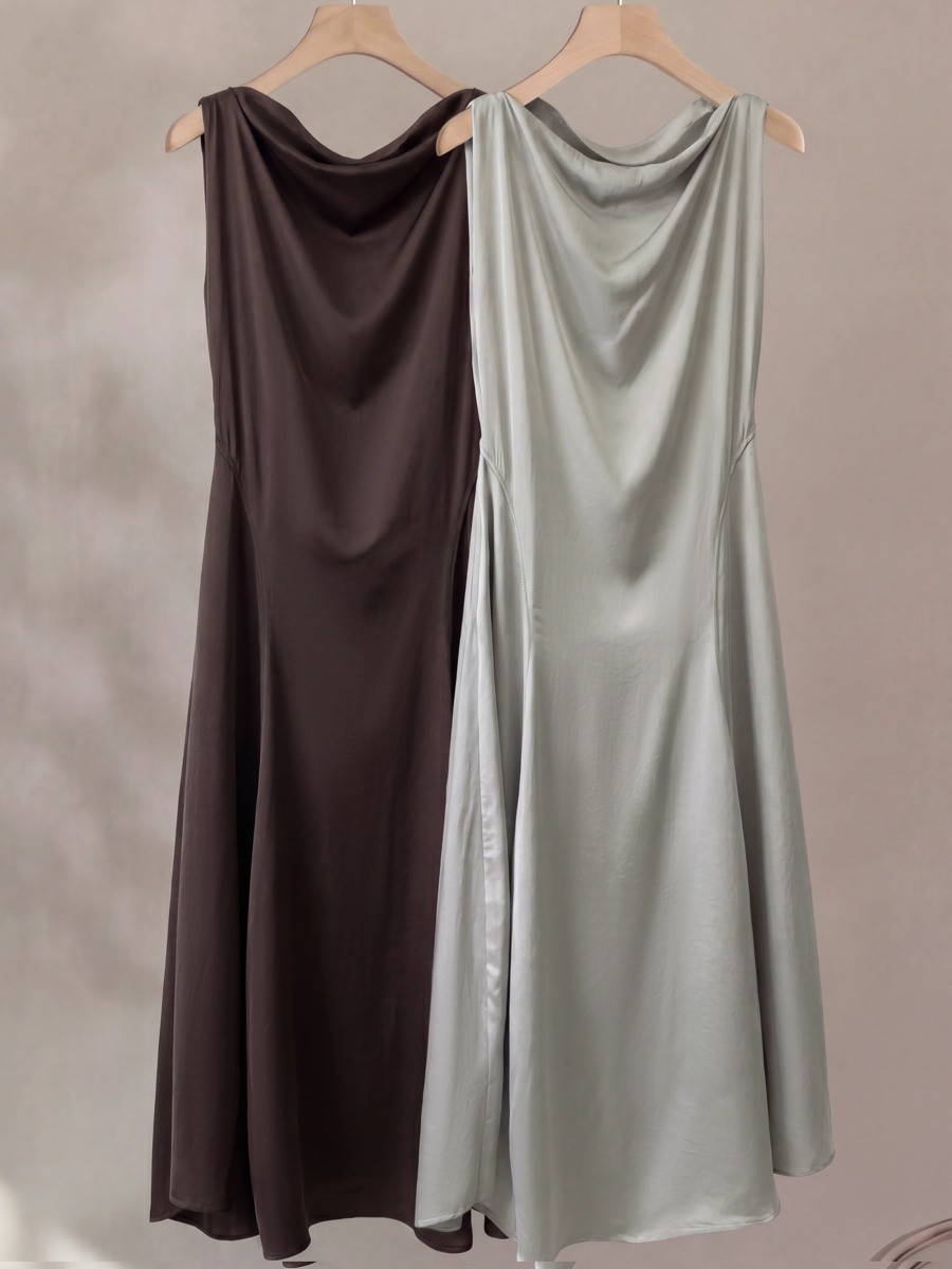 Th*ry counter new draped collar three-acetate sleeveless A-line dress women summer waist long skirt