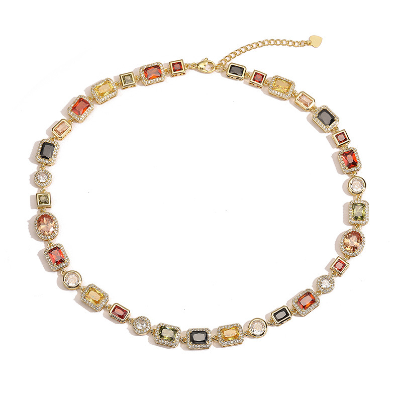 Geometric Inlaid Colorful Diamond Choker Necklace, Bracelet, and Necklace Set in Palace Style