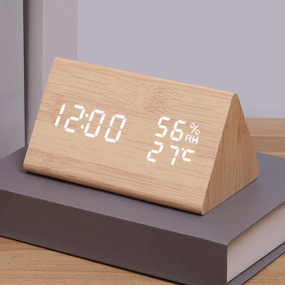Antique Silent Triangular Wooden Clock LED Wooden Clock Electronic Thermometer Clock Smart Digital Alarm Clock