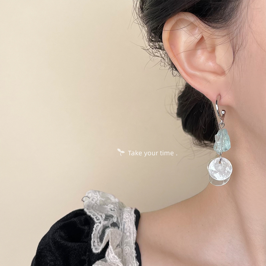 Natural stone blue crystal shell earrings summer new fresh sweet long earrings for women