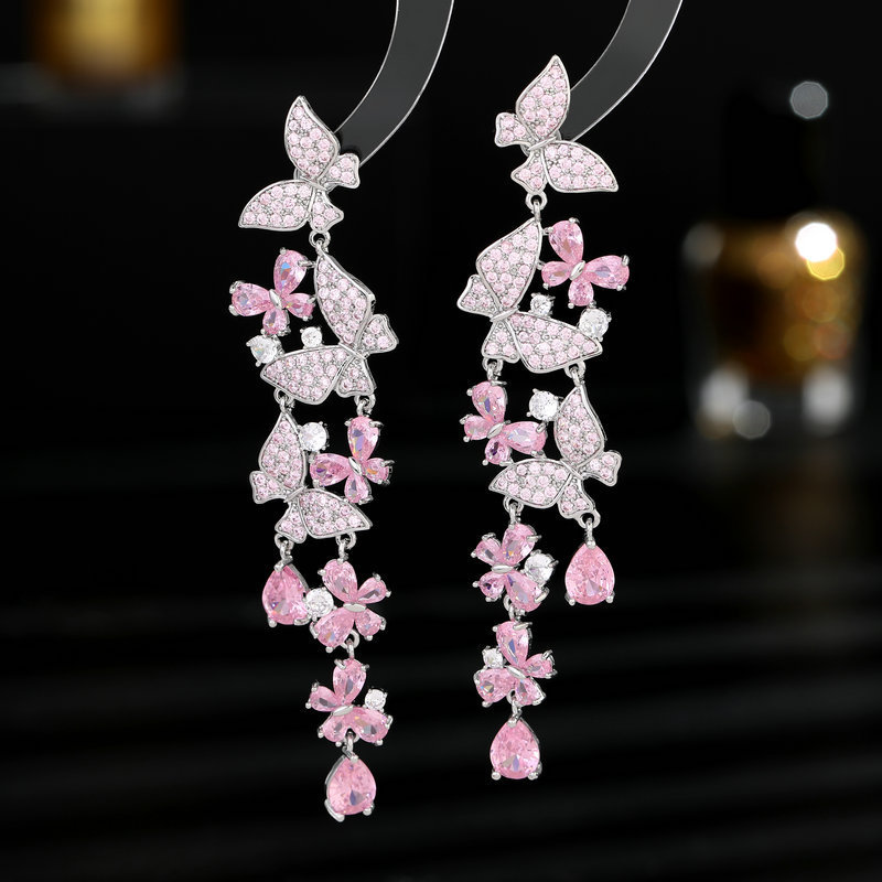 s925 Silver Needle Super Fairy Zircon Inlaid Face-Shaping Earrings Long Tassel Flying Butterfly Earrings