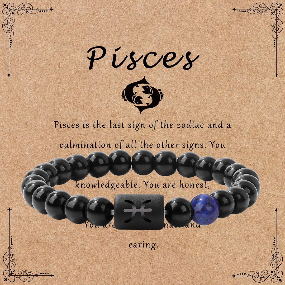 Twelve zodiac bracelet for men shiny black beads elastic rope unisex bracelet