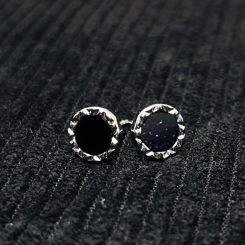 Silver plated earrings for men, natural black agate inlaid silver couple s925 silver feeling women's earrings