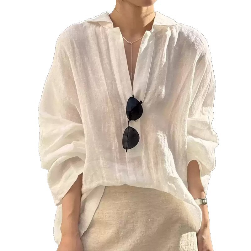 Self-Retained~ Casual White Linen Shirt Women's Summer Sun Protection Top