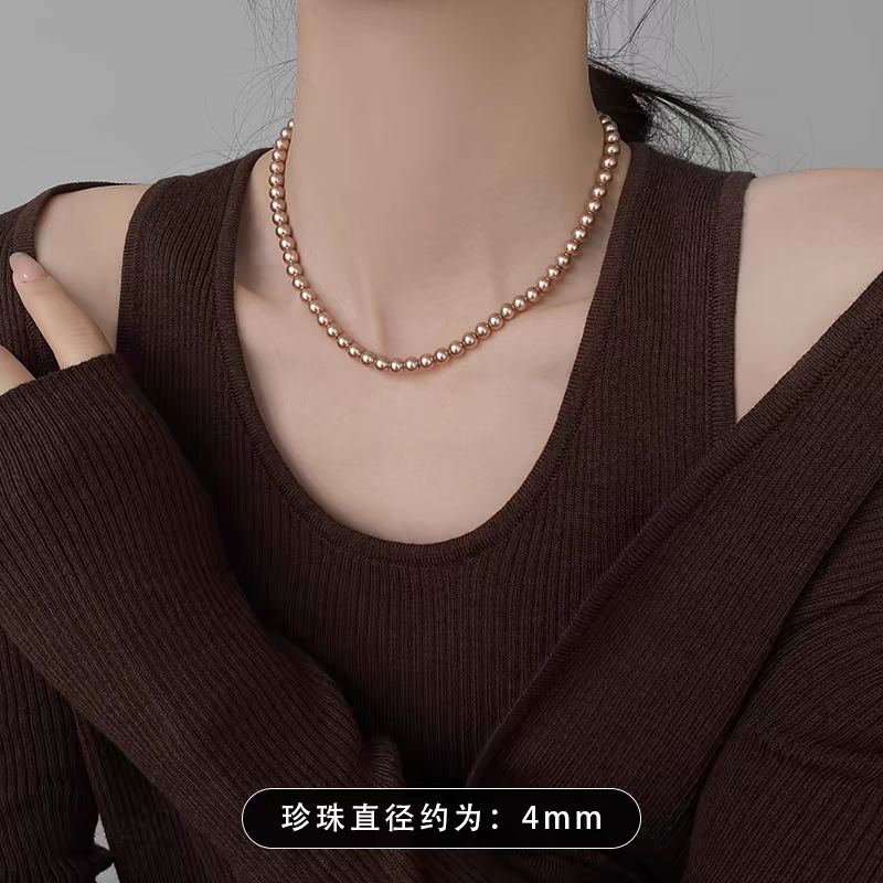 Swarovski Champagne Color Pearl Necklace for Women, Small Clavicle Chain, Sweater Chain, Neck Chain Elegant