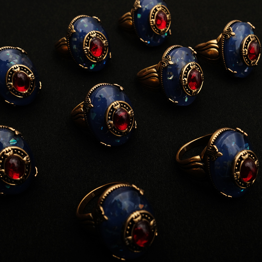 European Series Blue Glass Brass Vintage Ring for Men and Women Finger