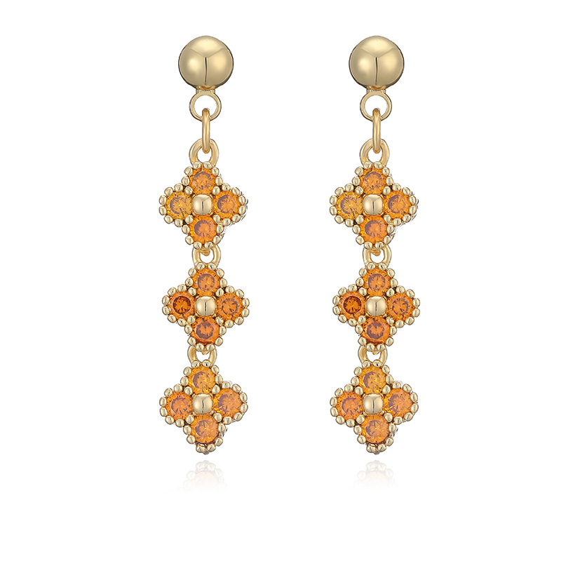Copper Inlaid Colorful Diamond Four-Leaf Clover Stud Earrings Unique Flower Petal Earrings