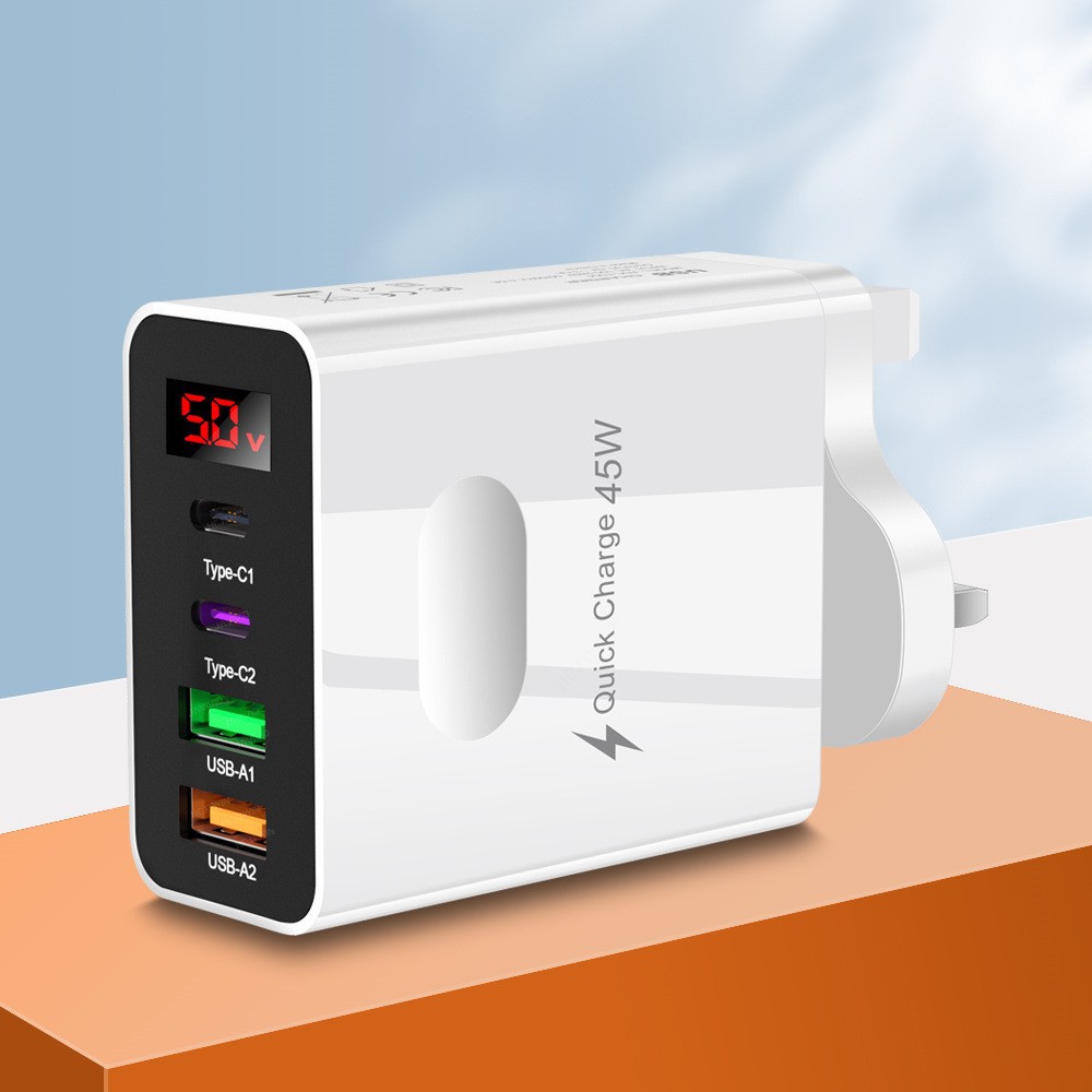 Digital Display 2USB+2Type-C Digital Phone Charger Multi-Port Charging Head UK Plug