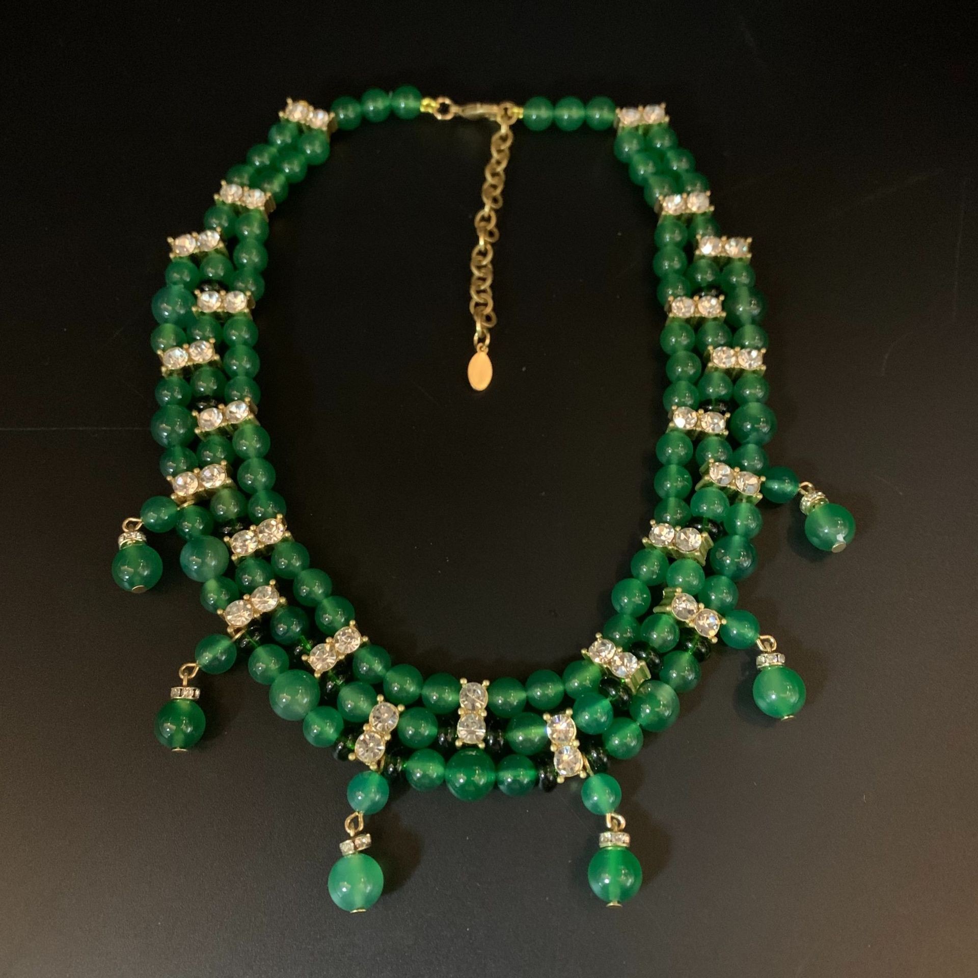 Vintage exaggerated green crystal glass multi-layer stacking set necklace earring dress accessories choker