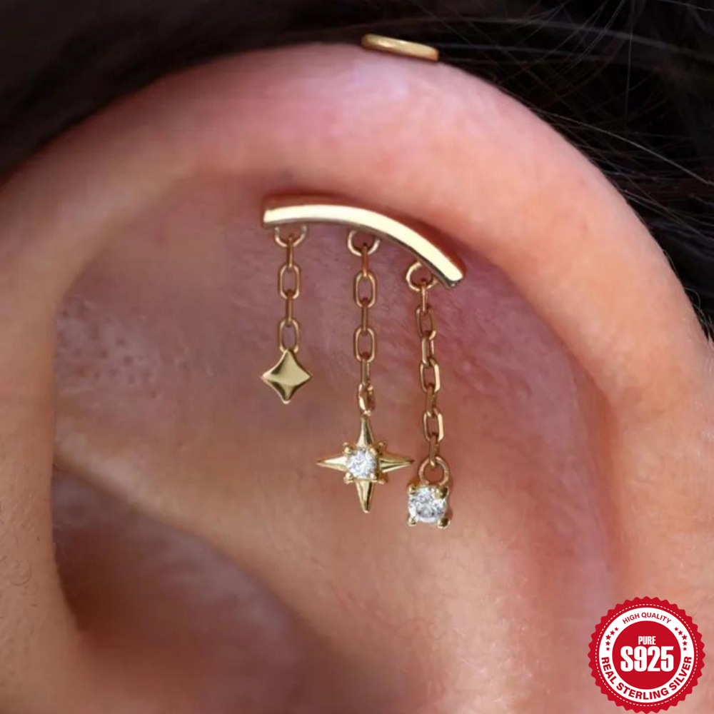 S925 sterling silver tassel eight-pointed star chain diamond-set ear stud piercing spiral accessories earrings