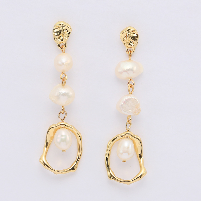 Metal gold geometric long freshwater pearl earrings exclusively supplied s925 silver needle earrings