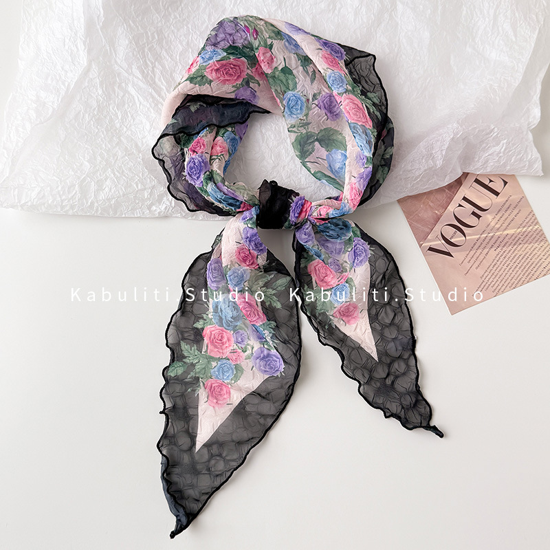 Oil painting wrinkled small triangle square scarf, silk scarf for women, neck protection mother matching shirt hair band neck scarf thin scarf