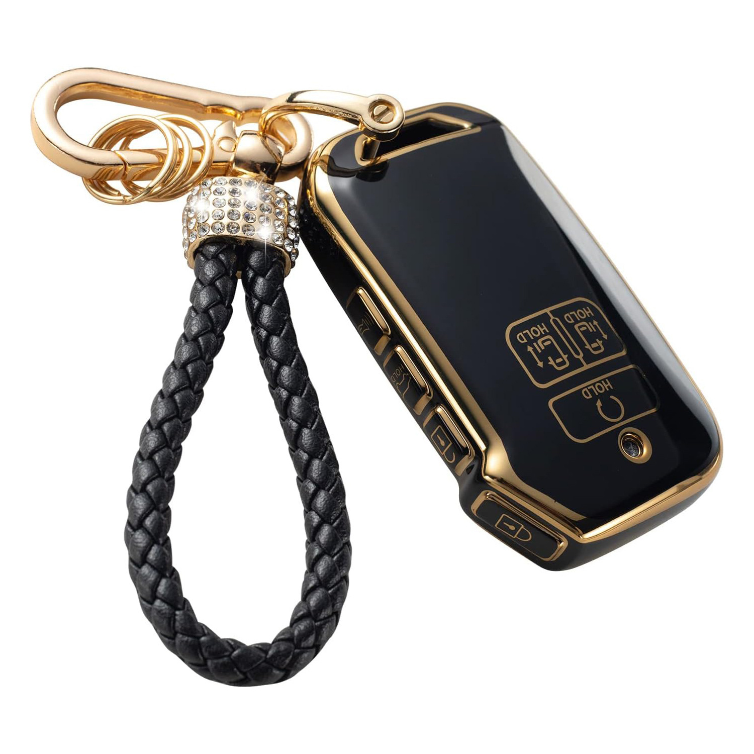 Gold Edge Black Key Car Key Bag Set Rhinestone Carabiner Pendant Keychain