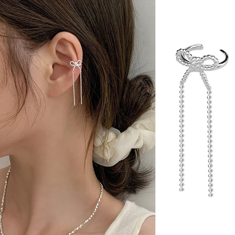 Bow Ear Clip No Piercing Chanel Style Earring Face Slimming Zircon Long Tassel Ear Cuff for Women
