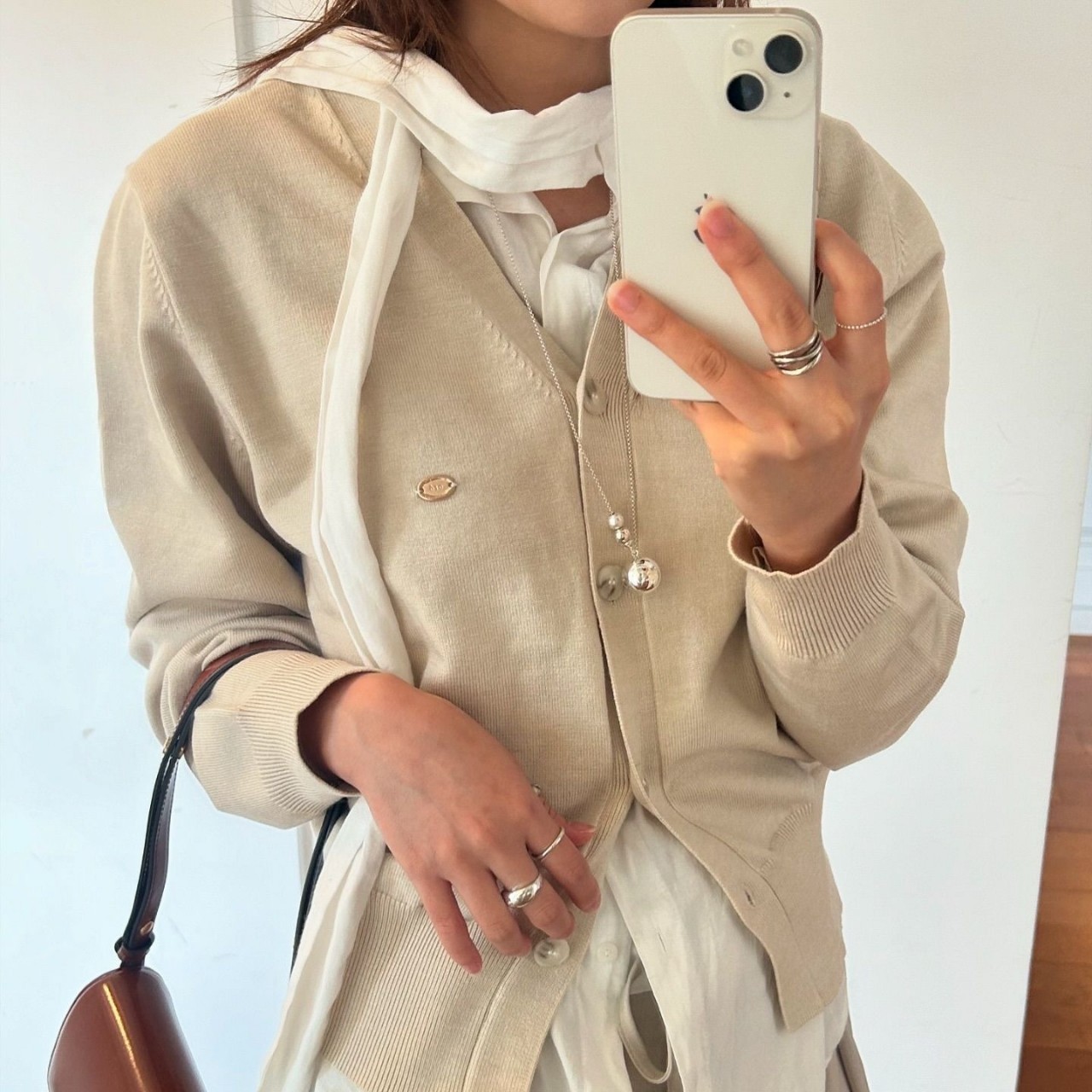 Small silver ball pendant long necklace for women, copper plated silver, simple sweater chain