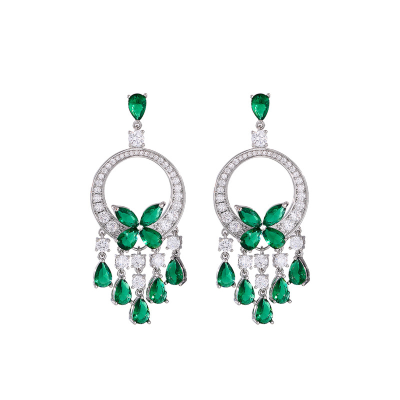 Micro-Inlaid Zircon Green Butterfly Tassel Heavy Craft Earrings s925 Silver Needle Dress Accessories