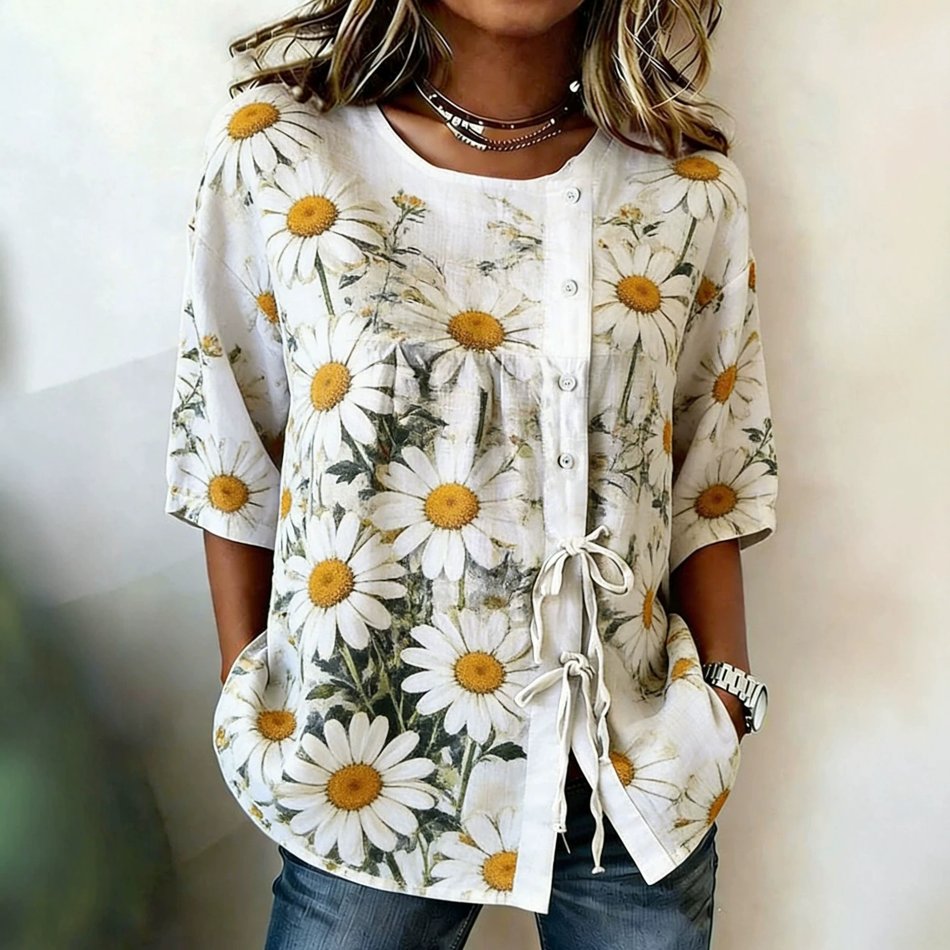 2026 New Style Printed Dandelion Loose Short Sleeve Blouse Women Tie Casual Top