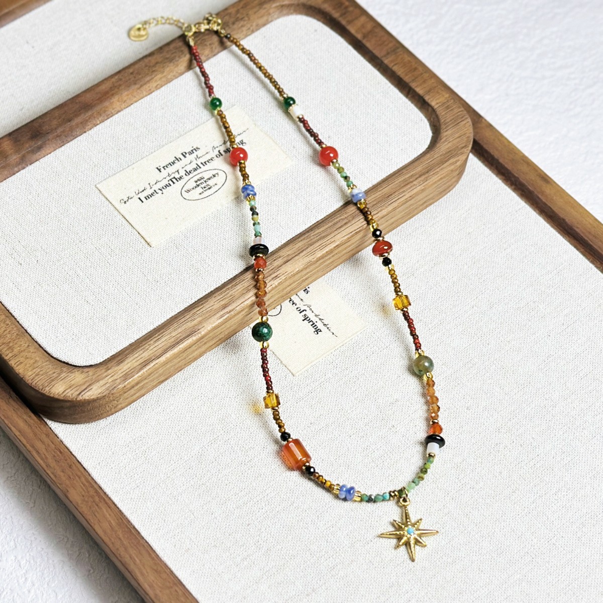 New Ethnic Contrast Color Natural Stone Beaded Necklace Small Geometric Pendant Collarbone Chain Sweater Chain