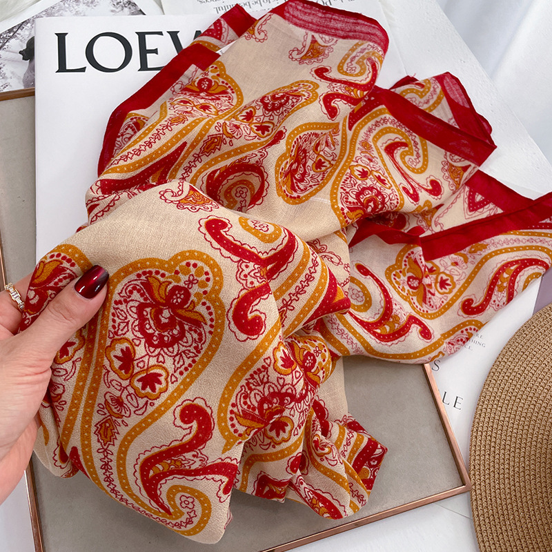 Beach scarf for women, autumn thin neck-protecting sunscreen large shawl, office air-conditioned room cotton-linen feel scarf for vacation