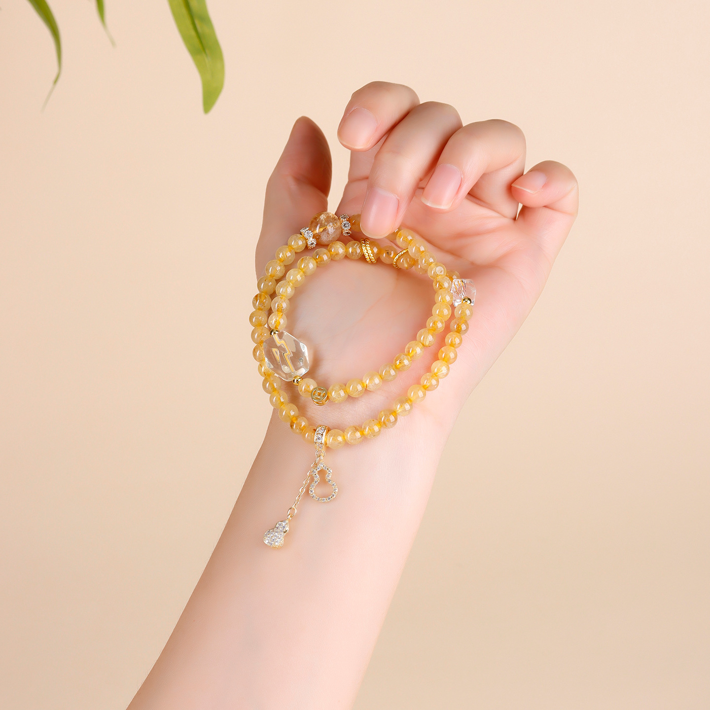 Natural Crystal Golden Hair Crystal Double-loop Bracelet Yellow Crystal Freeform New Chinese Style Original Women's Buddha Bead Bracelet