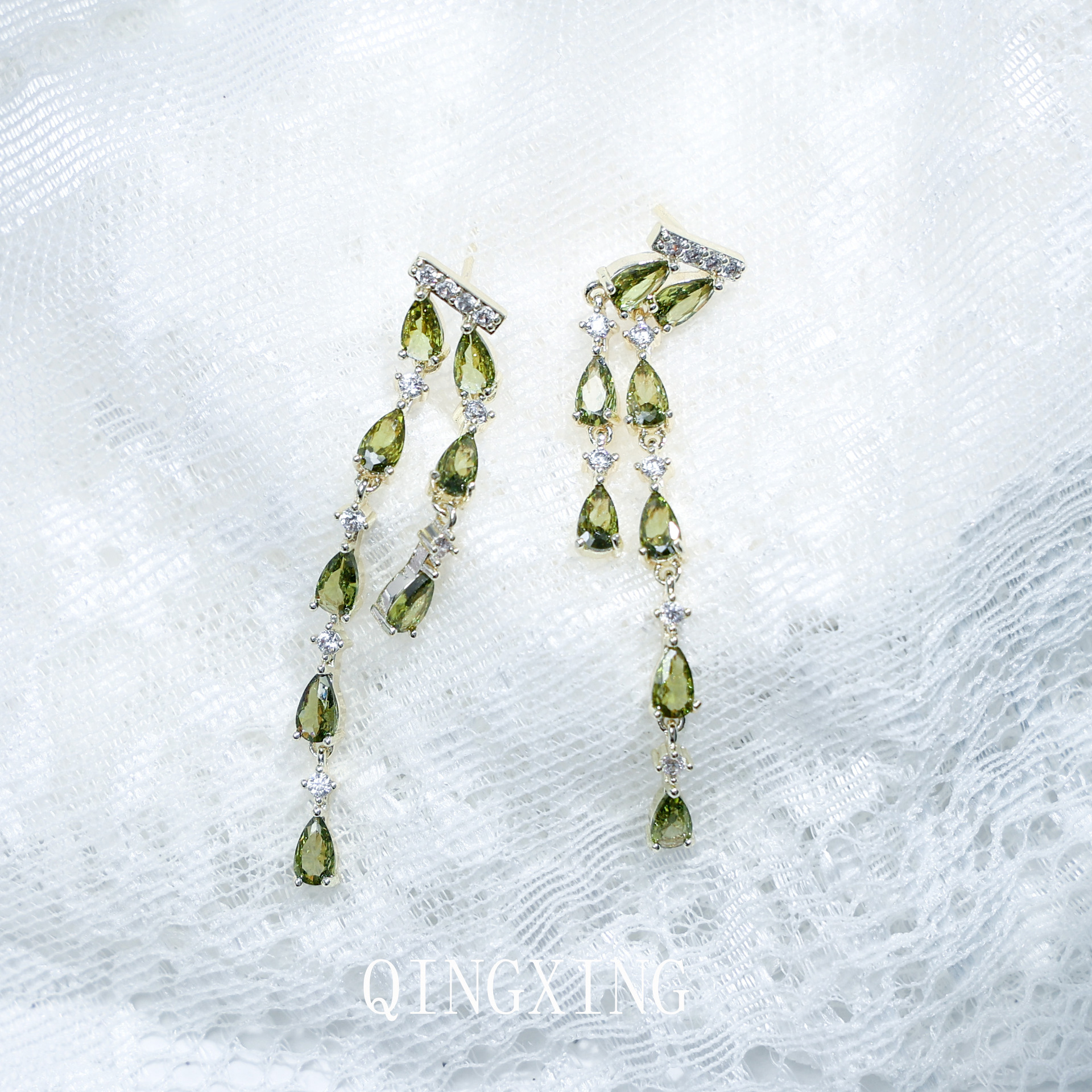 Fresh Small Olive Green Zirconia Tassel Earrings Long Drop Earrings Women's Ear Jewelry