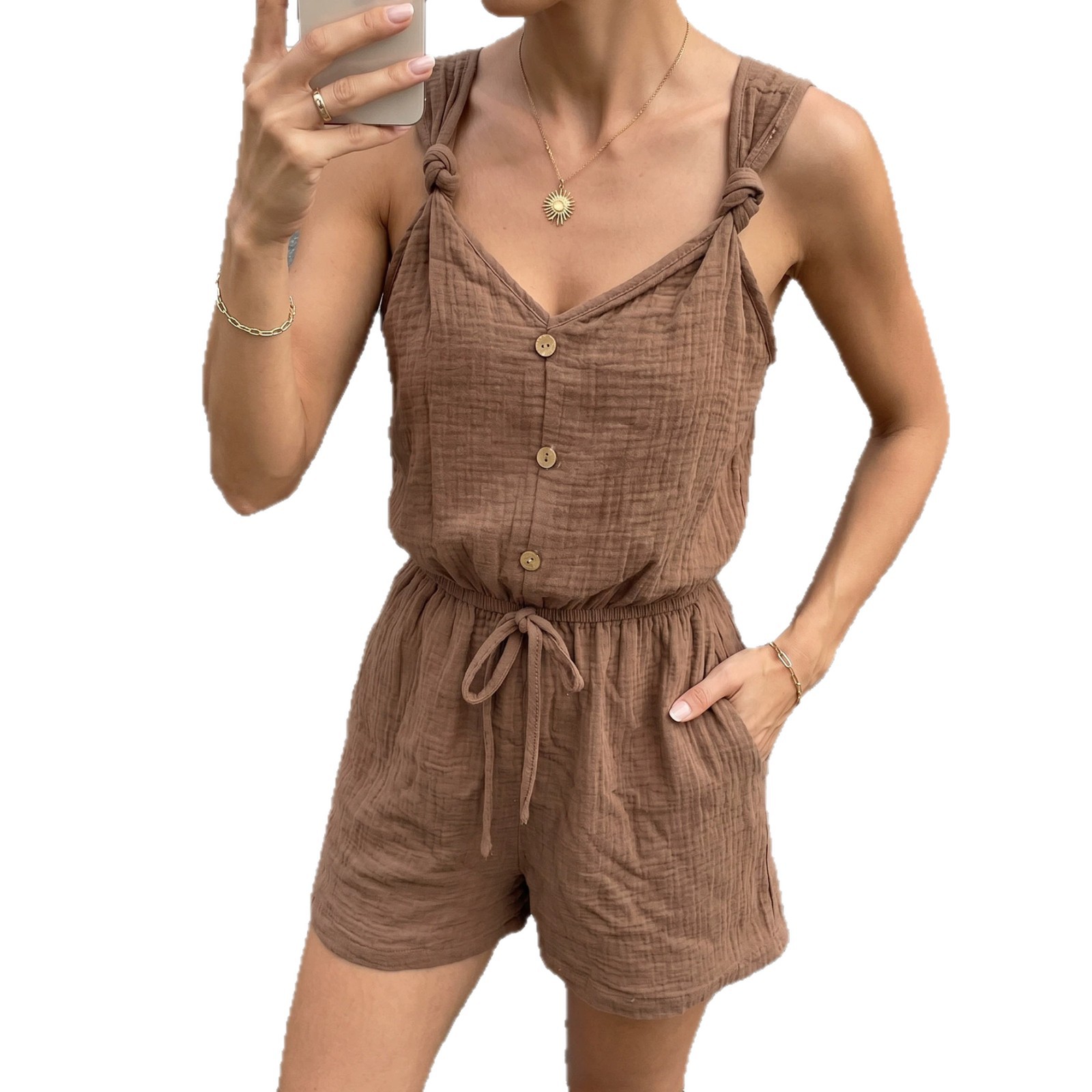 2026 Summer New Casual Vacation Style Jumpsuit Solid Color Textured Twist Halter Short Jumpsuit Women