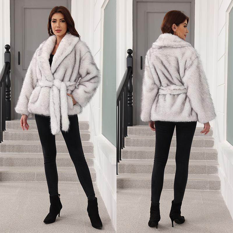 Faux fur with belt mid-length jacket women's clothing warm thickened plush long sleeve Haining Guanchen
