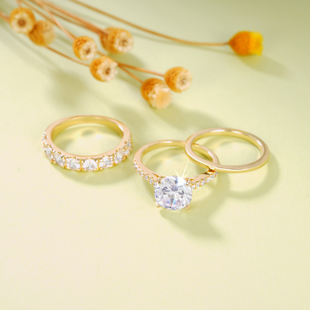 Cao Shi Three-Piece Ring Set with Zircon Elegant Diamond Ring for Wedding Party Matching Rings