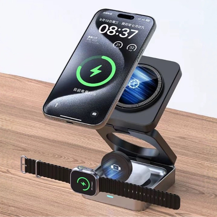 New 3-in-1 Wireless Charger Semiconductor Cooling 15W Fast Magnetic Watch Earphone Foldable Wireless Charger