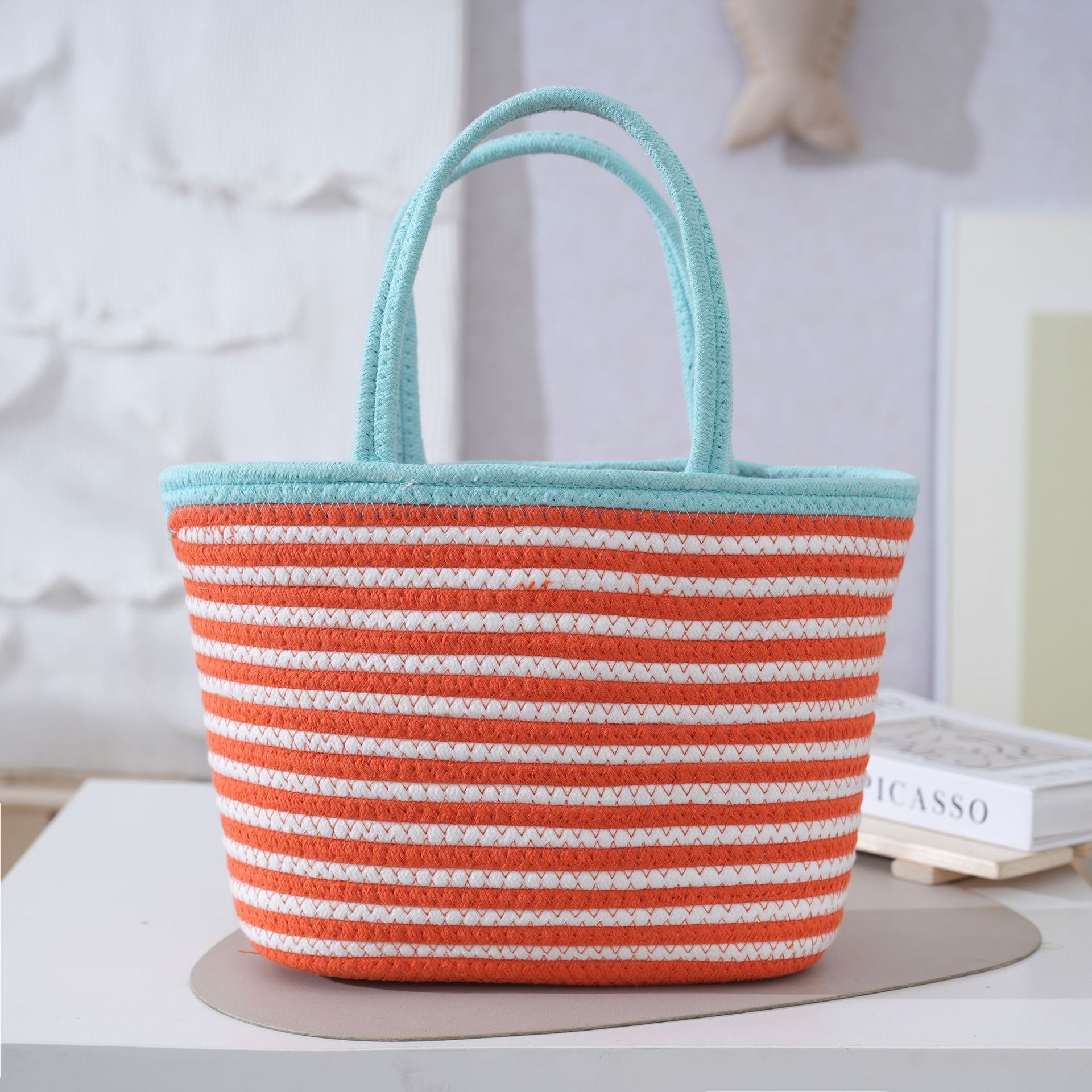 Cotton Handbag Large Capacity Women's Handmade Woven Basket Bag Spring Summer Vacation Outing Handbag Commute Bag