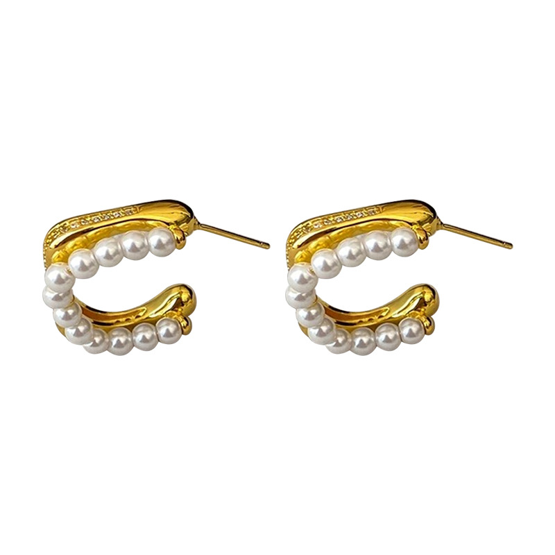 Live small fragrance style C-shaped zircon pearl earrings ear accessories full of daily ear studs women
