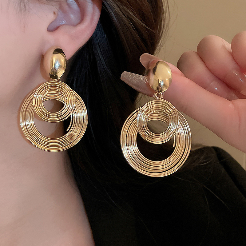 Exaggerated Metallic Multi-Layer Circle Silver Needle Earrings Geometric Earrings for Women