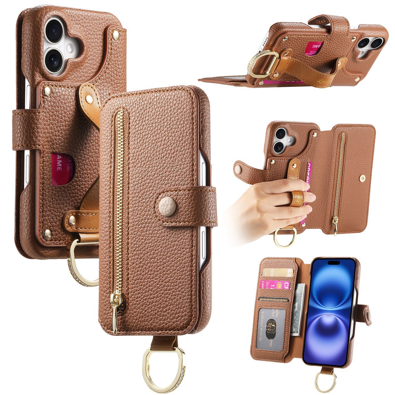 Leather grain plain leather back adhesive flip phone case for Apple 18 phone case card slot iPhone18 case