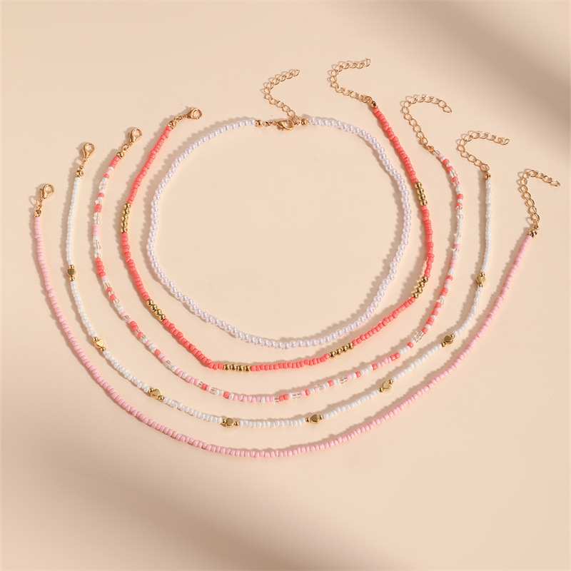 5-piece Set Random Seed Bead Heart Necklace Set Beach Season Seaside Party Women's Neck Accessory