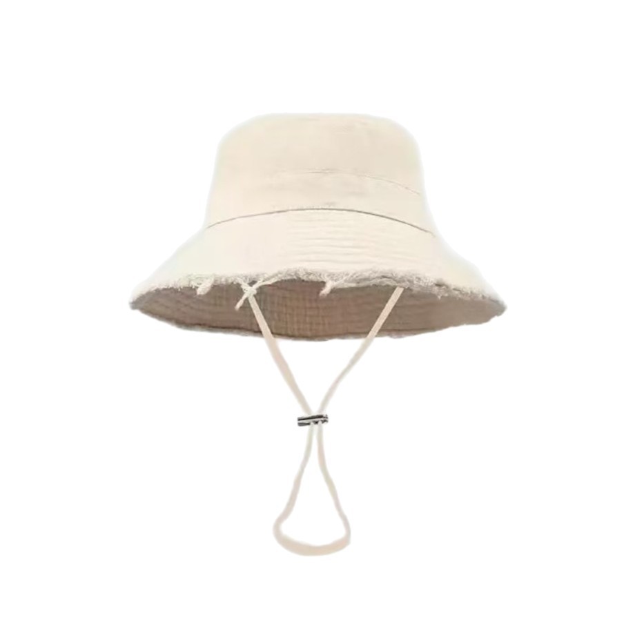 Summer Cotton Washed Raw Edge Fisherman Hat for Men and Women, Outdoor Vacation Sun Hat, Drawstring Sun Hat, Basin Hat
