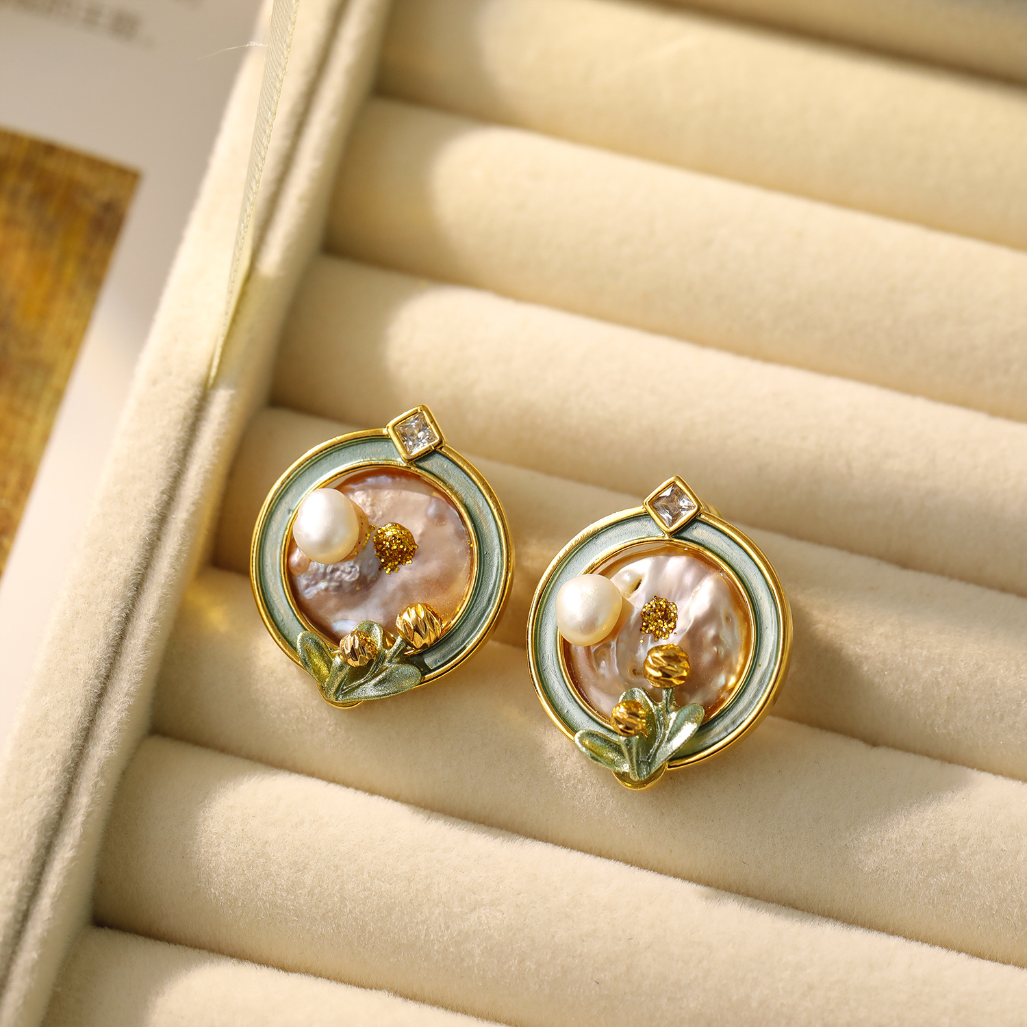 Monet Garden Oil Painting Style Earrings Baroque Natural Pearl Earrings Women Handmade DIY Vintage Ear Studs