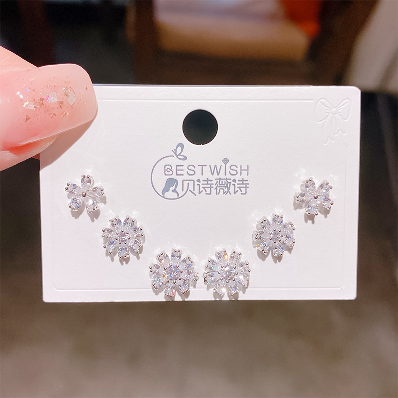 2026 new exquisite fire flower zircon small earrings three pairs, women's silver needle earring accessories set