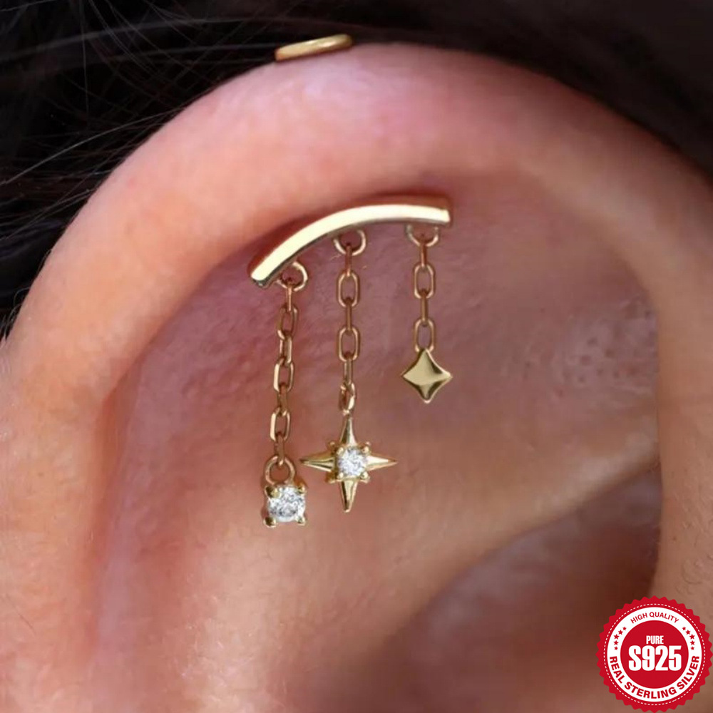 S925 sterling silver tassel eight-pointed star chain diamond-set ear stud piercing spiral accessories earrings