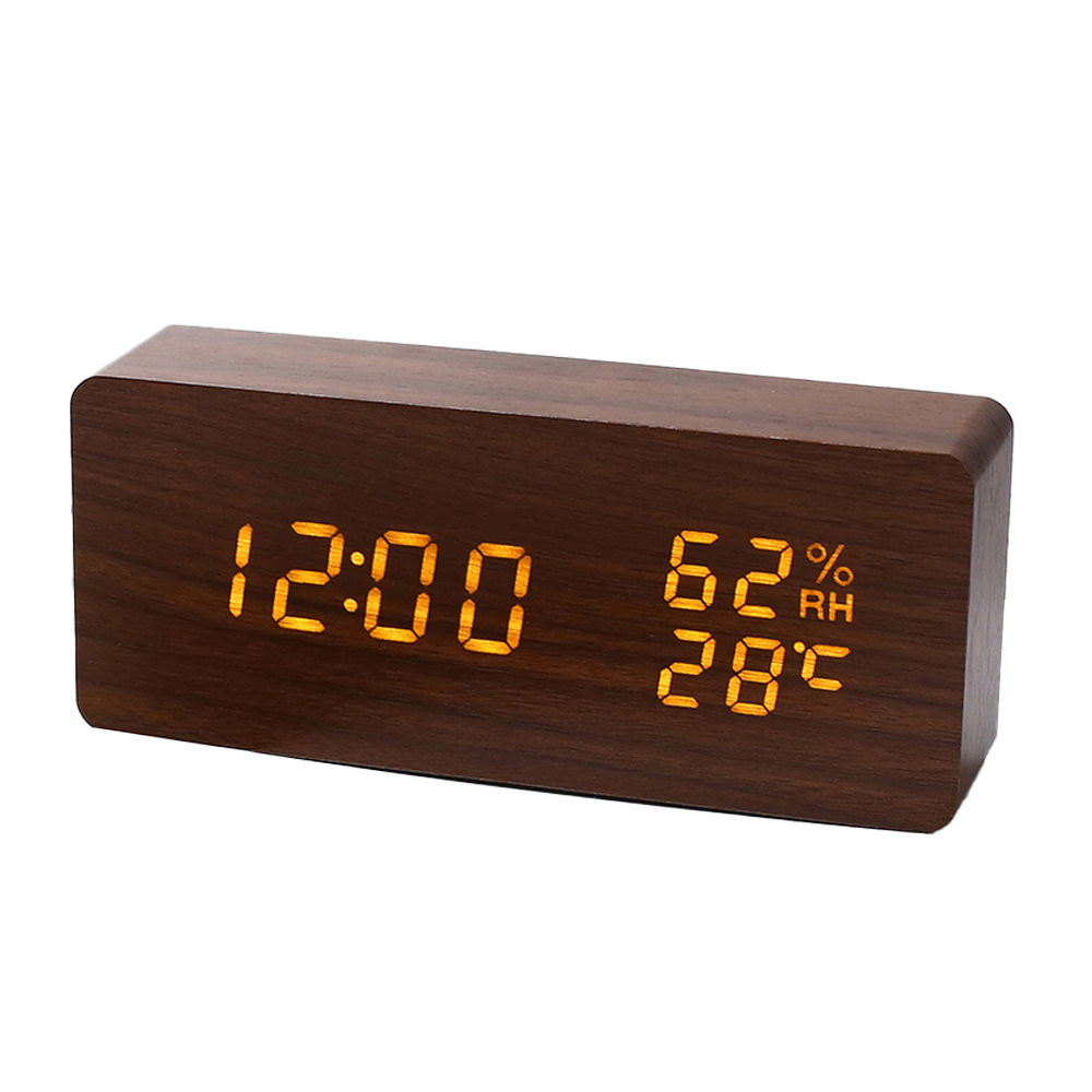Nordic Wooden Alarm Clock Hygrometer Clock Multifunctional Silent Night Light Student Bedroom Bedside Wooden Clock