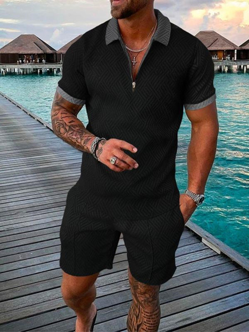 2026 New Men's Casual Sports Suit Summer Short Sleeve Polo Shirt Shorts Two Piece Set Color Block Print