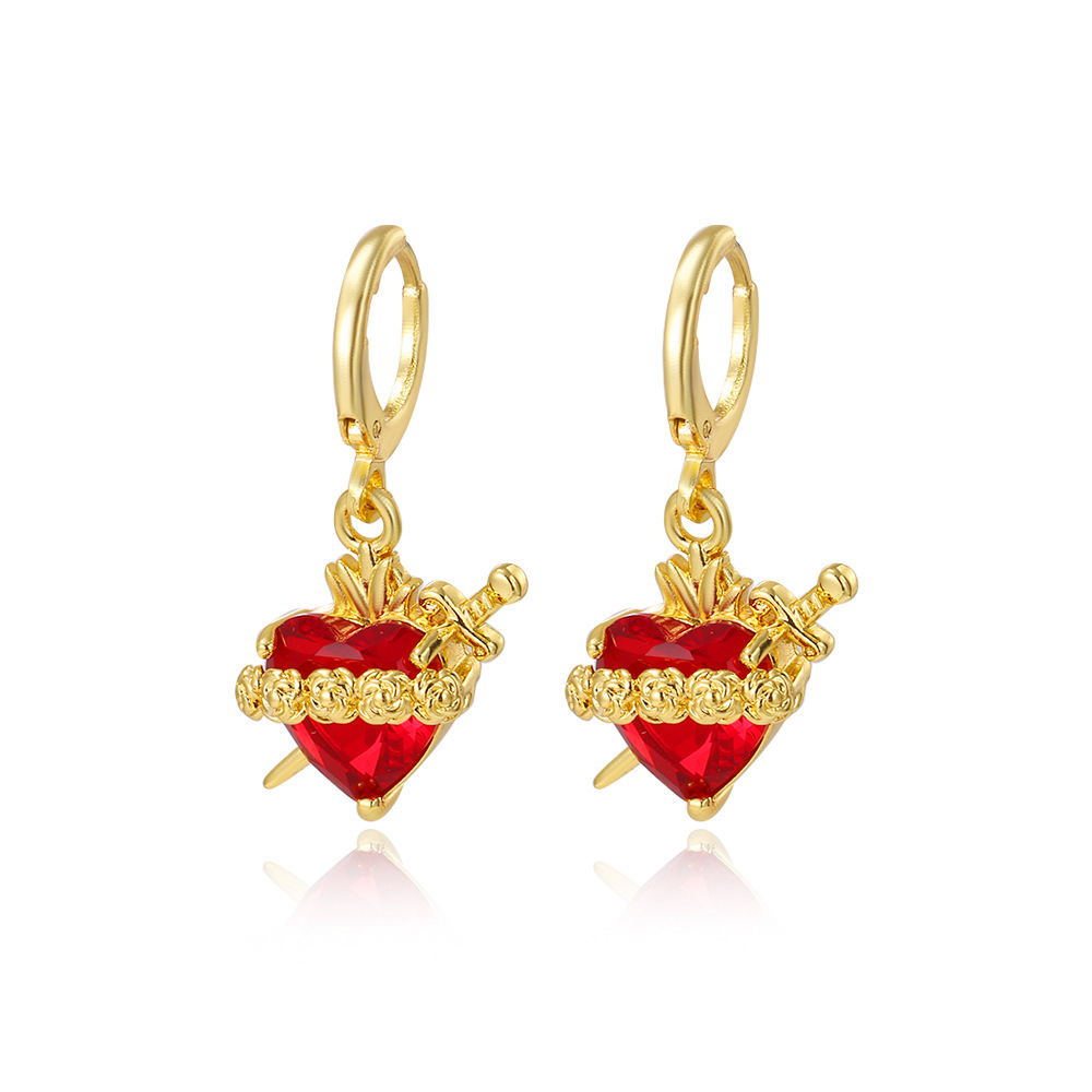 Copper plated red heart cross earring earrings sweet rose crown arrow through heart ear clip earring earrings jewelry