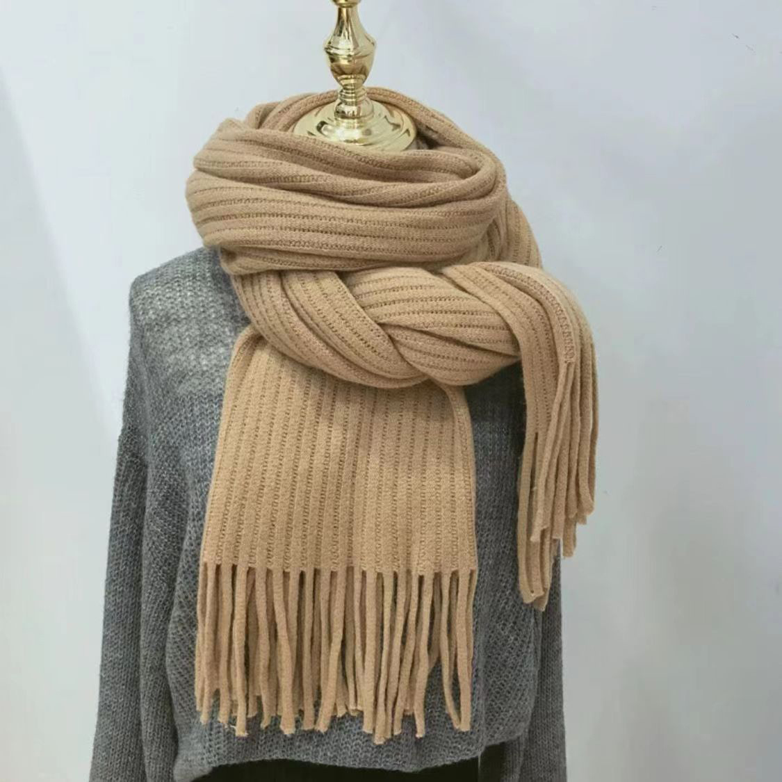 Winter long neck scarf women simple tassel shawl outer cardigan imitation cashmere windproof warm solid color scarf