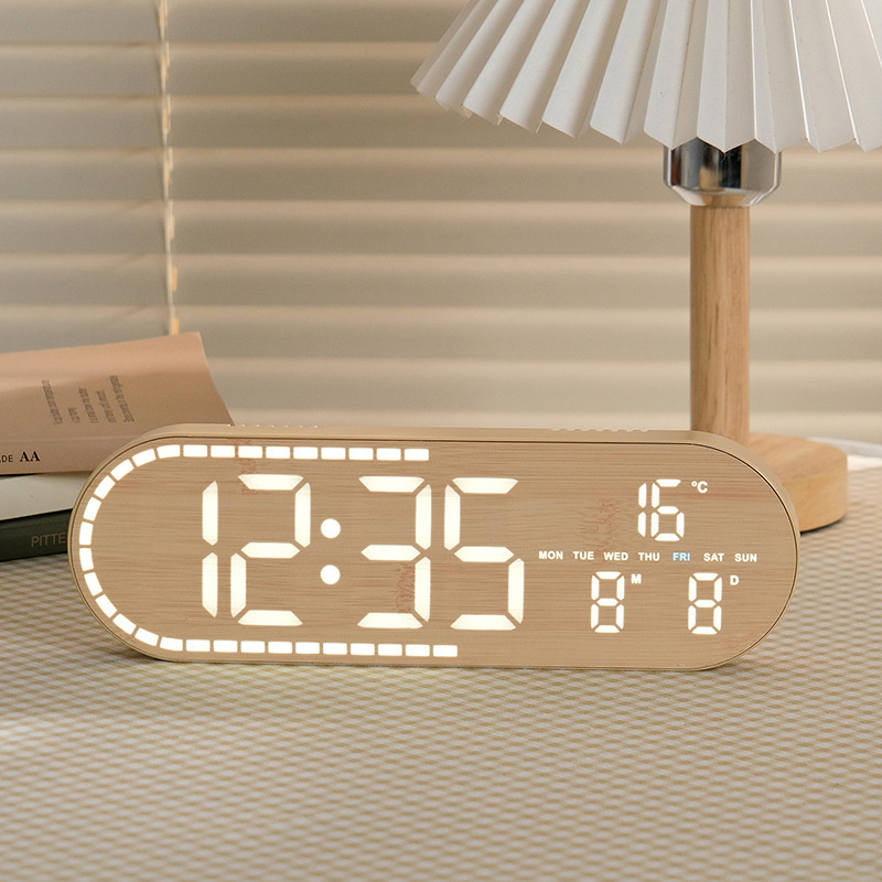 New Home Wall Clock Simple Wood Grain Style LED Electronic Clock Multifunctional Standing or Hanging GH8053