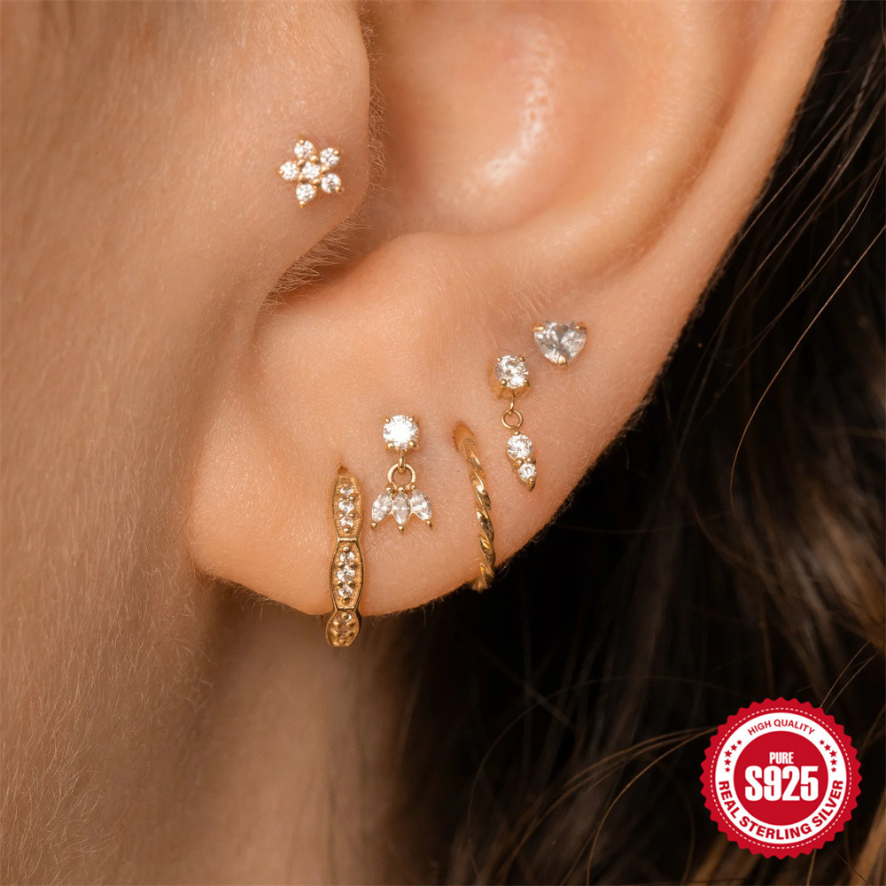S925 sterling silver tassel chain diamond-set heart flat head threaded ear bone studs women's ear accessories