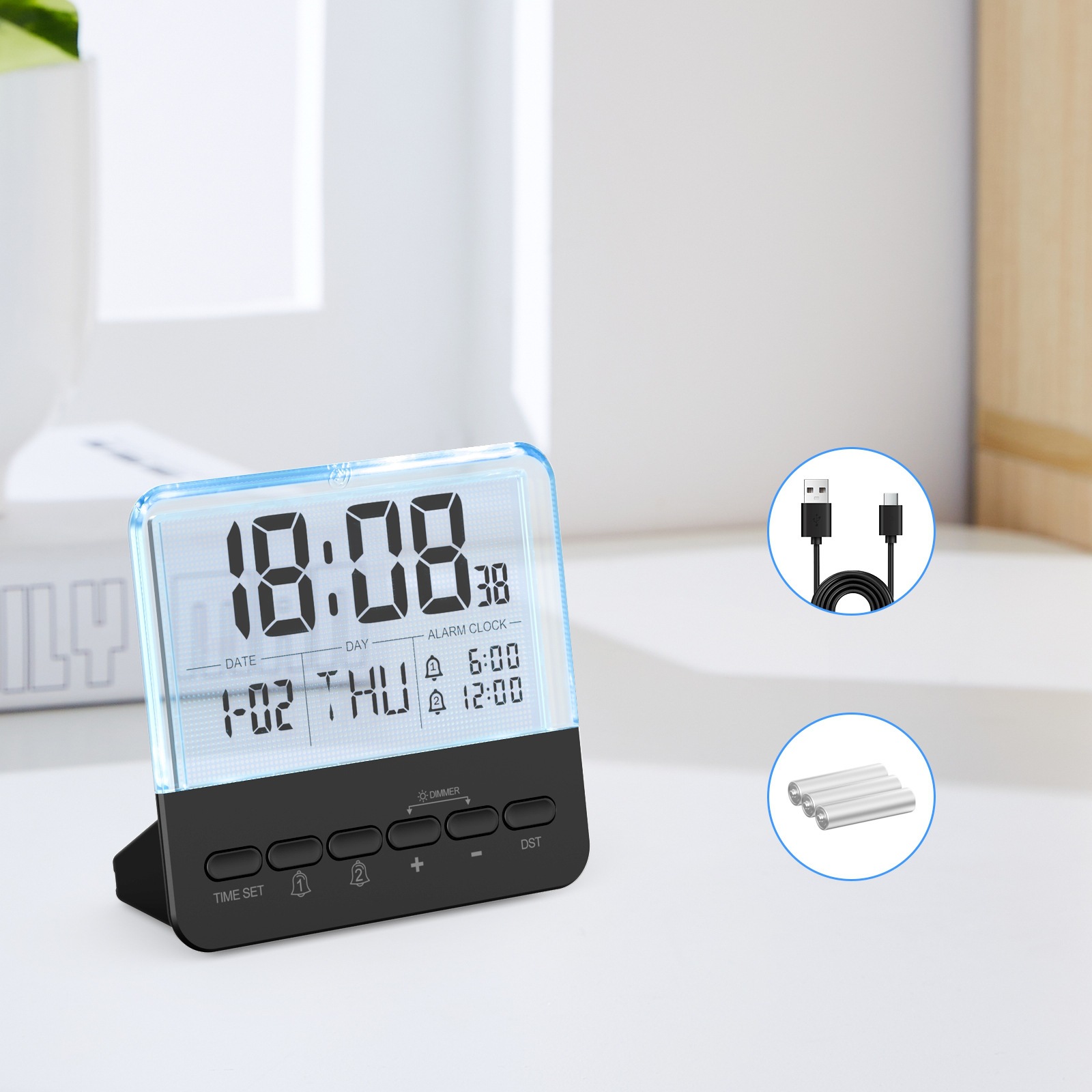 2026 new transparent glass clock LCD seven-color changing luminous electronic alarm clock large screen bedroom bedside clock