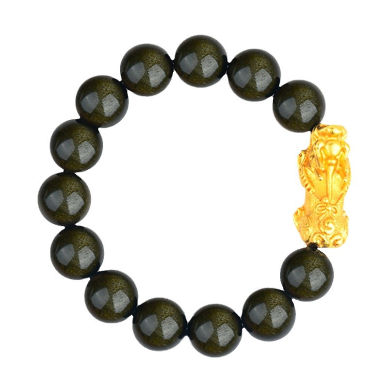Natural Obsidian Sand Gold Pixiu Bracelet Money Beads Unisex Couple Bracelet Copper Plated Leather