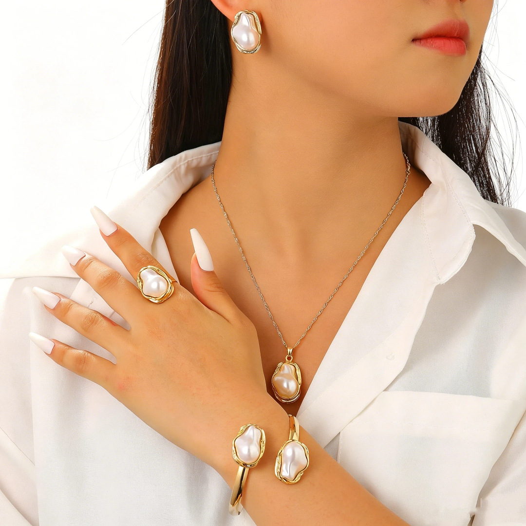 Baroque Irregular Pearl Set Jewelry Women Necklace Stud Earrings Bracelet Choker