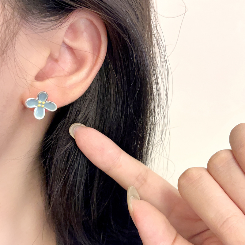 S925 silver needle niche blue flower ear studs earrings romantic simple ear accessories 7693
