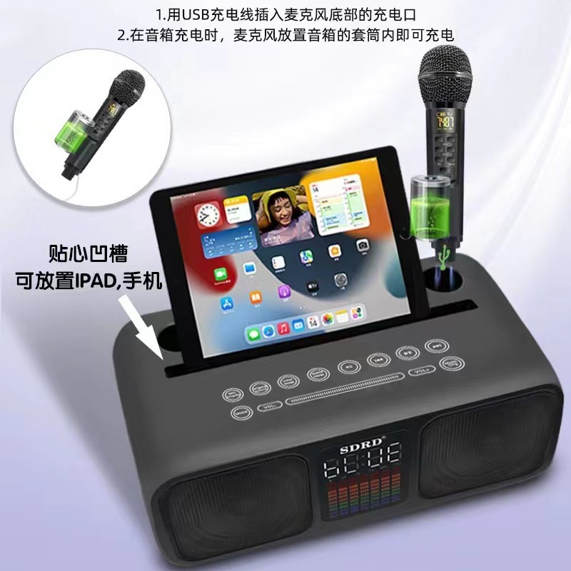 SD318 Bluetooth Speaker Dual Speaker Dual Wireless Microphone Mobile TV Entertainment Sing Karaoke All-in-One