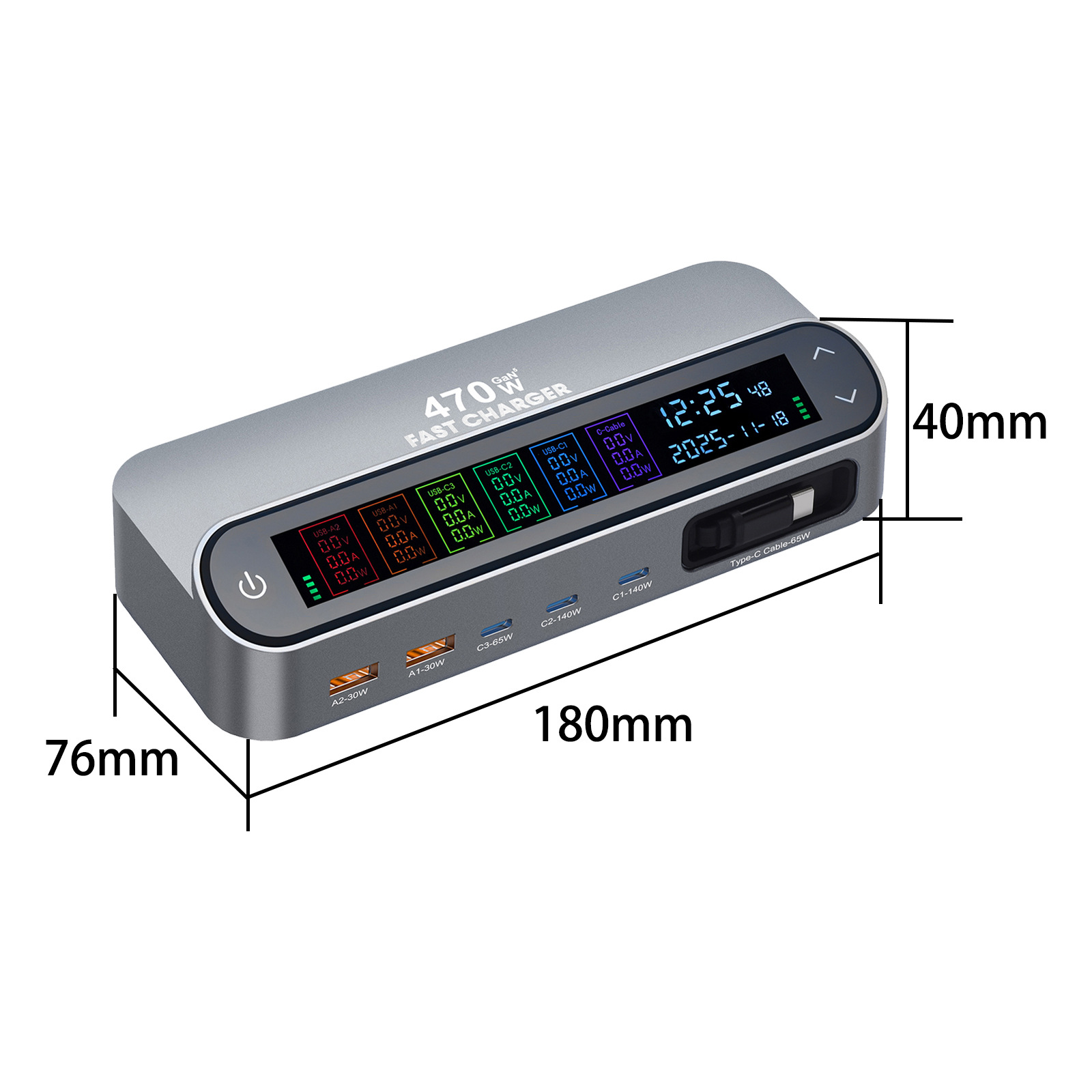 New 470W Retractable Cable Desktop Charger 405W Digital Display GaN PD Charger 140W Digital Display Direct Charger